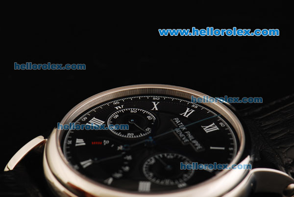 Patek Philippe Chronograph Swiss Valjoux 7750 Manual Winding Movement Steel Case with Black Dial and Black Leather Strap - Click Image to Close